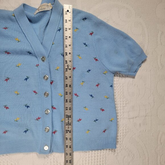 Vintage sweater short-sleeve button front cardigan with embroidery, blue medium - Picture 7 of 16